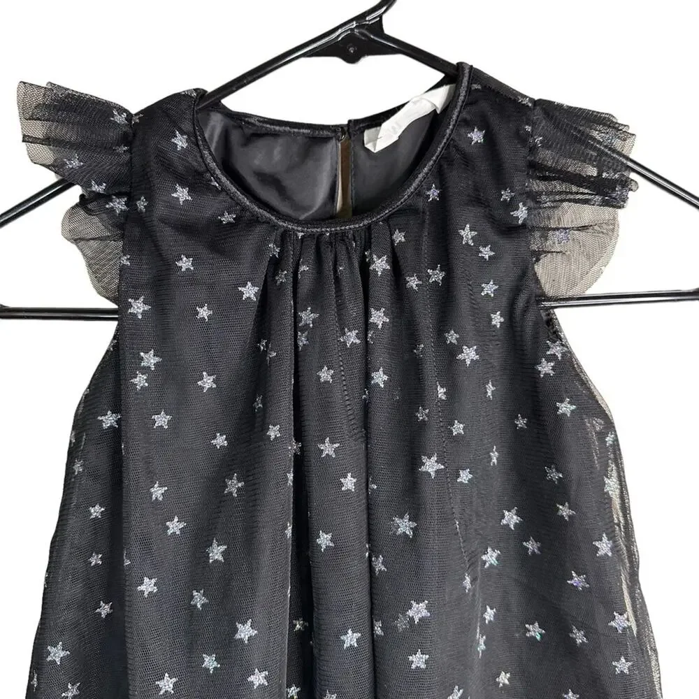 H&M Tulle Midi Dress Silver Star Print Ruffle Shoulders A-Line Lined Black 3-4Y